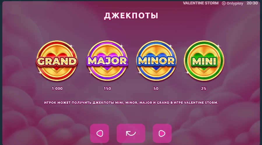 Valentine Storm Slot jackpot tiers - Mini, Minor, Major, Grand 1000x